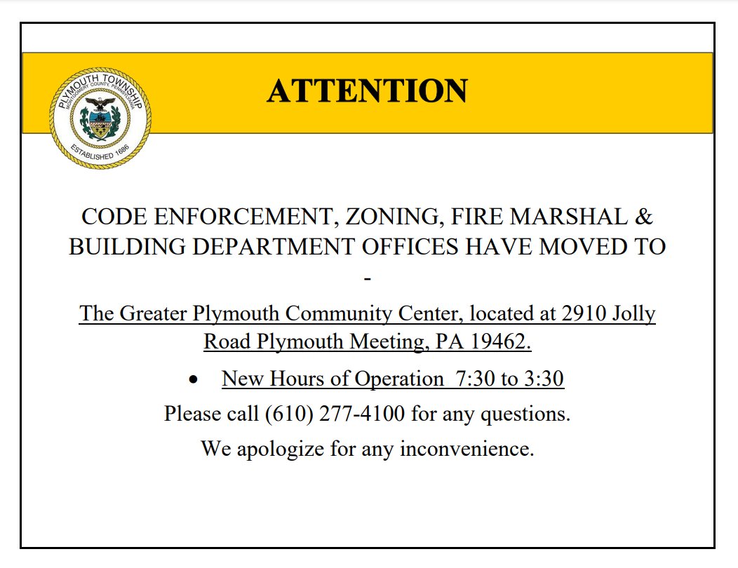 Code Enforcement, Zoning, Fire Marshall & Building Department Office Move Plymouth Township